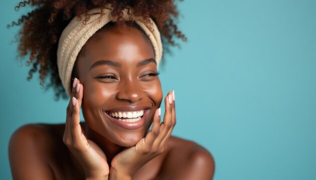 Happy young black woman touches cheeks with hands. Pretty female model wears white headband on curly hair. Smiling lady enjoys morning skincare routine for fresh glowing skin complexion. Female