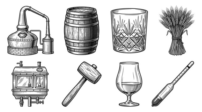 Set of whiskey distillation process icons in vintage engraving style, including pot still, wooden barrel, glassware, barley bundle, spirit safe, mallet, and hydrometer