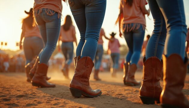 Women in cowboy boots line dance at outdoor country music festival. Western event, ladies enjoy leisure and fun summer day with friends, wearing denim and boots.