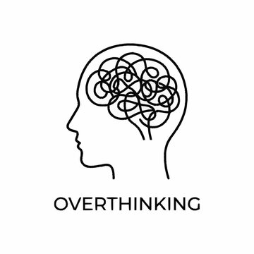 Minimalist line art illustration of a human head profile with a tangled brain representing overthinking and mental stress.