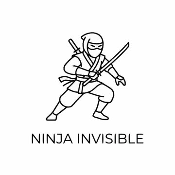 Minimalist line art illustration of a Japanese ninja warrior holding a katana sword.