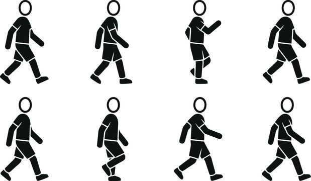 Walking stick figure icons set showing various movement poses for animation projects on transparent background