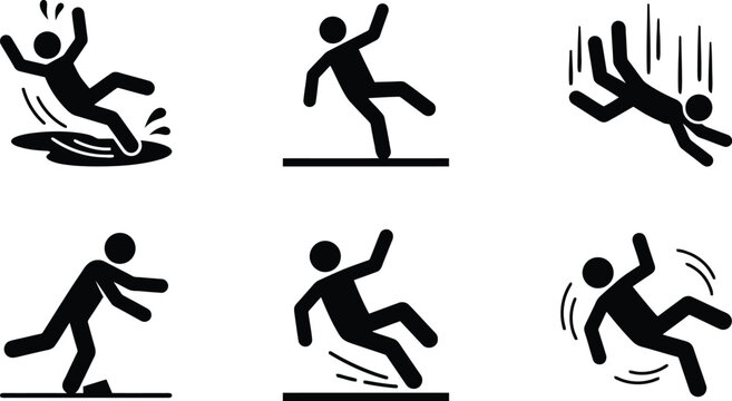 Stick figure people falling down set of icons illustrating various accident scenarios on transparent background