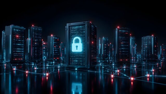Abstract Digital Cityscape with Glowing Server Racks and Central Padlock Icon Symbolizing Cybersecurity and Data Protection