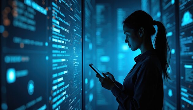 Young woman holds smartphone, looks at glowing blue digital data screens. Silhouette of female user interacts with virtual code information in futuristic cyberspace environment. Person uses mobile