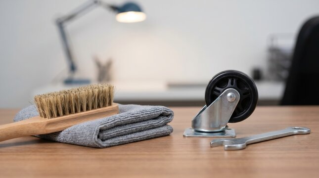 Small metal caster wheel wooden brush grey microfiber cloth and a wrench on a wooden desk