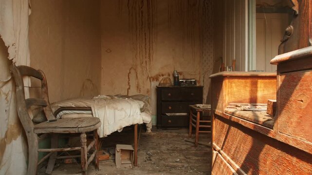 Abandoned ghost town bedroom interior reveals decaying vintage furniture, water-stained wallpaper with rust streaks, dusty wooden rocking chair, unmade bed, and antique dresser bathed in warm.