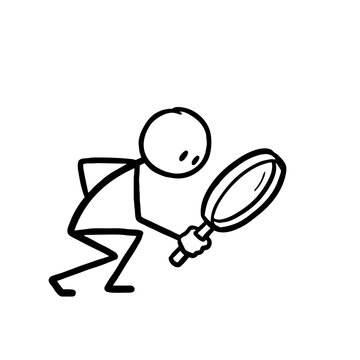 a doodle illustration of a stickman figure with a big magnifying glass isolated on a transparent background, investigator