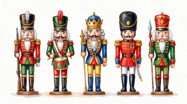 Vintage watercolor nutcracker soldier figurines. Festive set of classic dolls in various uniforms, including soldiers, drummers, and kings. Perfect for Christmas decorations, holiday greeting cards, a