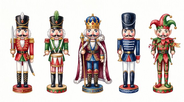 Vintage watercolor nutcracker soldier figurines. Festive set of classic dolls in various uniforms, including soldiers, drummers, and kings. Perfect for Christmas decorations, holiday greeting cards, a