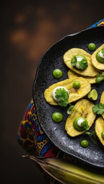 Crispy fried green plantains with garlic-lime gel, micro-cilantro, and a traditional textile edge on a deep background with copy space