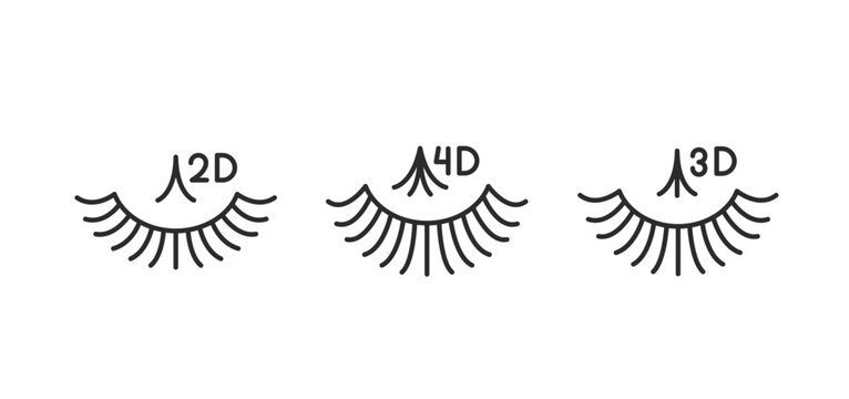 Eyelash Extension Icons Set. Set of eyelash outline icons with 2D, 3D and 4D lash volume symbols. Perfect for beauty salon and cosmetic concepts. Vector illustration
