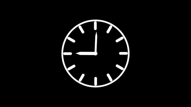 Simple White Analog Clock Animation on Black Background with Clean Modern Time Icon, Minimal Flat Clock Face Motion Graphic, Seamless Loop for Business Presentation, and Digital Backgrounds.