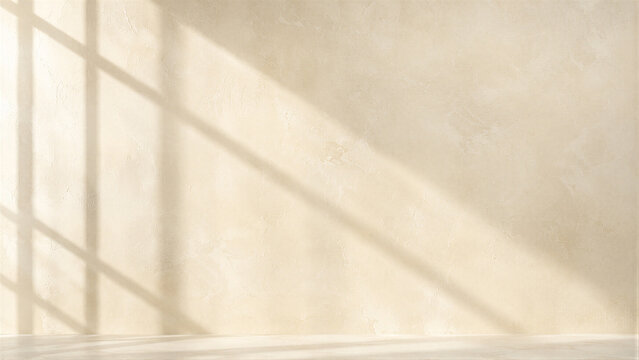 Luxury beige Venetian plaster wall texture with soft sunlight window shadow, elegant minimalist interior background for product presentation and branding