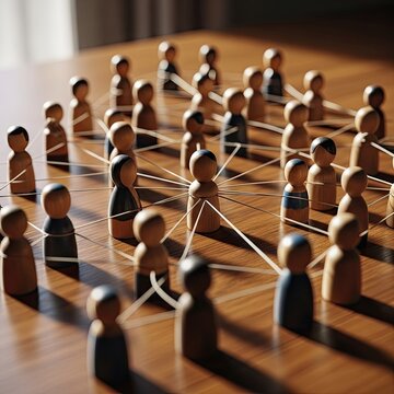 Numerous wooden figures illustrate interconnectedness across a polished surface
