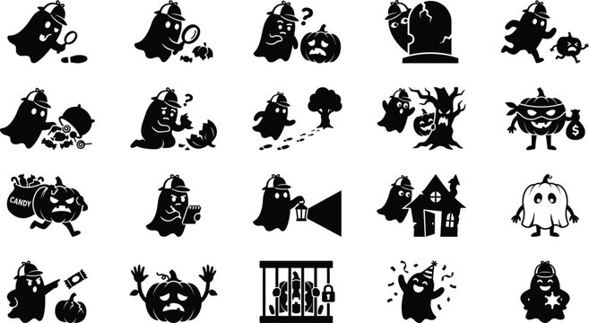 Halloween cartoon detective ghosts and pumpkins in funny scary situations playful spooky holiday icons set.