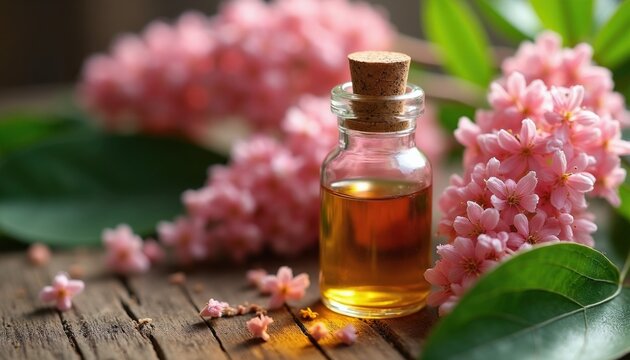 Small glass bottle with amber liquid and cork stopper sits on rustic wood. Surrounded by delicate pink flowers and green leaves. Perfect for spa and wellness themes.