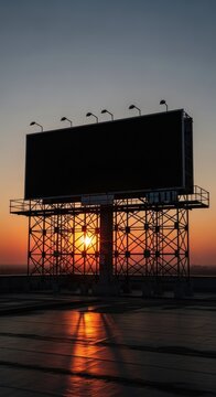 Large outdoor advertising structure stands silhouetted against a vibrant sunset on a flat rooftop surface