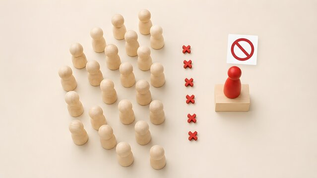 Concept of rejection and separation showing a red leader figure with a stop sign divided from a group of wooden dolls by red cross marks