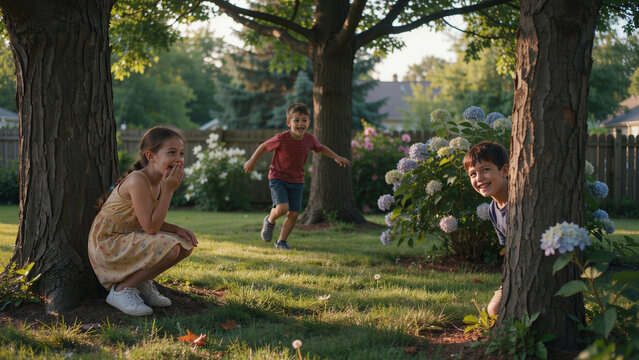 Three kids playing hide and seek in a beautiful backyard garden, surrounded by trees and blooming hydrangea flowers.