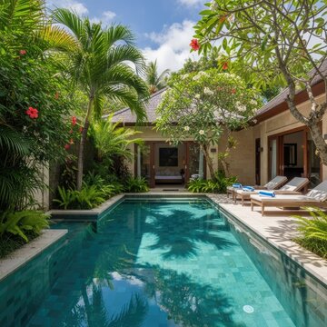 Tropical resort setting features a private swimming pool surrounded by lush vegetation and villa architecture