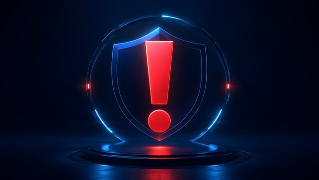 Glowing red exclamation mark inside a shield on a dark futuristic pedestal symbolizing critical cybersecurity warning and network vulnerability