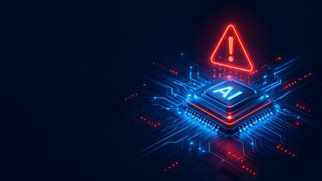 Glowing blue AI microprocessor on a motherboard with a red warning triangle symbolizing cybersecurity threats and artificial intelligence errors.