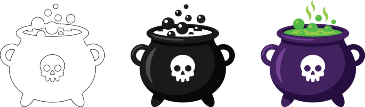 Set of three cartoon cauldron illustrations with skull design featuring line art and flat colors on transparent background.