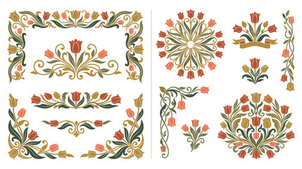 Tulip flowers floral frames and borders decoration set. © GW