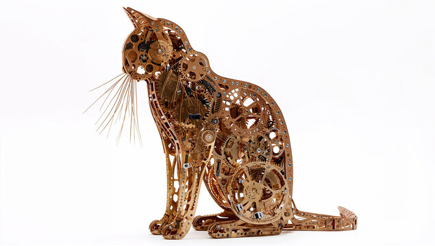 銅と真鍮の複雑な歯車や金属のひげで作られた座る猫