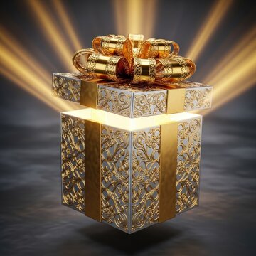 Ornate golden and silver gift box opening to reveal bright light beams radiating upwards