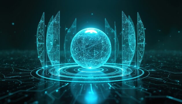 Glowing digital sphere with transparent cyber shields floats above dark futuristic surface. Abstract neon blue orb represents advanced network security data defense system. Complex geometric layers