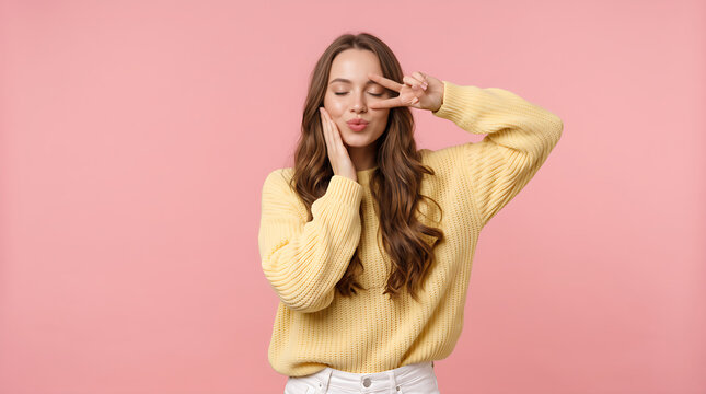 Playful Young Woman Making Peace Sign Near Eye Wearing Yellow Sweatshirt Against Pink Studio Background with Cheerful Expression