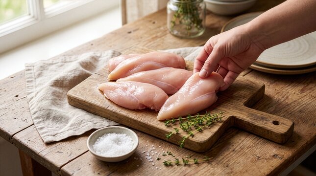 Fresh raw chicken breast fillets on a rustic wooden cutting board with salt thyme and hand reaching