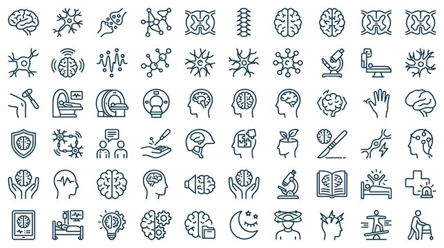 Brain neuroscience medical research icons in line style.