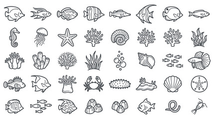 Set of marine life icons showing underwater creatures. © GW