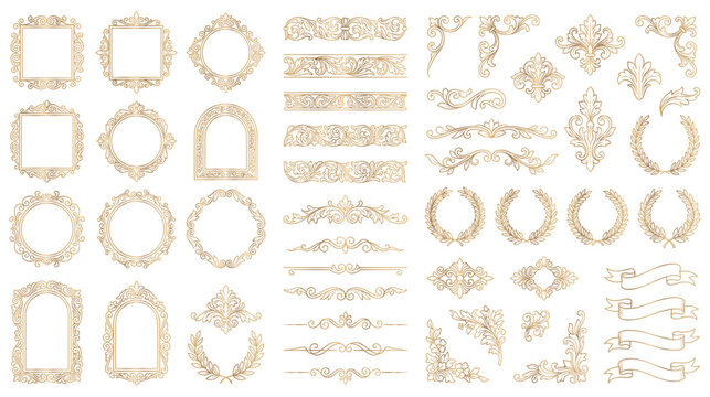 Golden frames and laurel wreaths on white background.