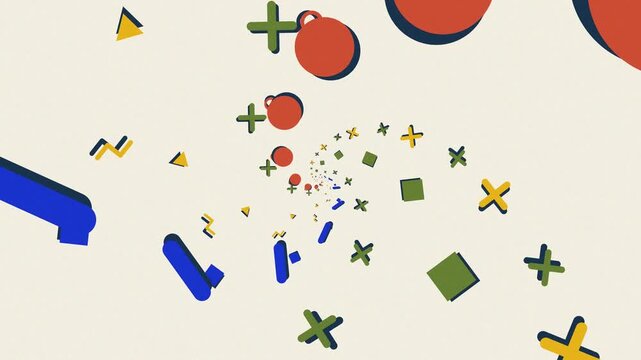 Abstract geometric 3d shapes flying through tunnel in seamless motion loop with retro memphis style aesthetic.