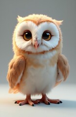 Obraz premium Cute baby owl stands in studio. Small fluffy bird round brown eyes, soft light feathers. Young nocturnal animal character looks curious. Digital 3d render of woodland creature features realistic