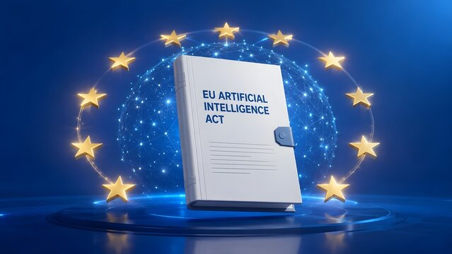 EU Artificial Intelligence Act document enclosed in a glowing digital wireframe globe representing the global impact of European tech legislation