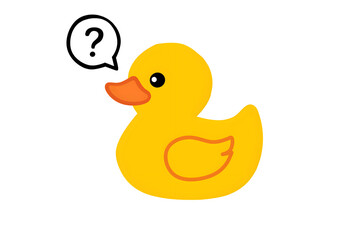 Fototapeta premium Cute yellow rubber duck with a question mark speech bubble vector illustration, confused expression isolated on white background