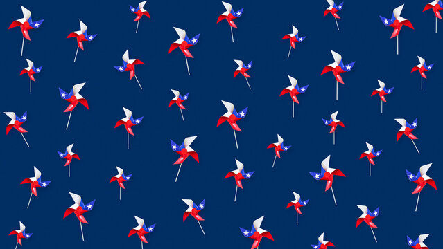 Patriotism 8K panoramic horizontal banner 16:9, seamless pattern featuring traditional red, white, and blue paper pinwheels with lone star design on navy blue backdrop