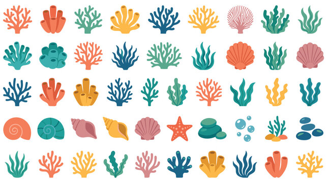 Ocean coral and seashell icons set for marine designs.