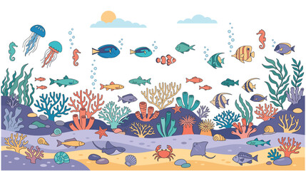 Underwater sea life with coral reef fish and seaweeds. © GW