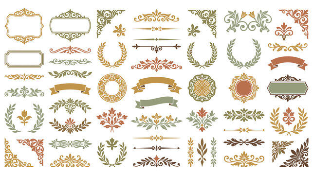 Vintage floral decorative ornaments and frame elements.
