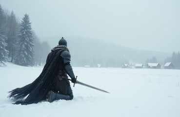 Fototapeta premium Armored knight kneels in snow holding sword. Winter landscape with pine trees and village. Gloomy weather, atmospheric scene. Warrior ready for battle.