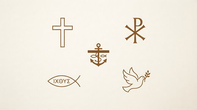 Minimalist Religious Symbols Collection Featuring Cross, Chi Rho, Anchor, Ichthus, Dove with Olive Branch