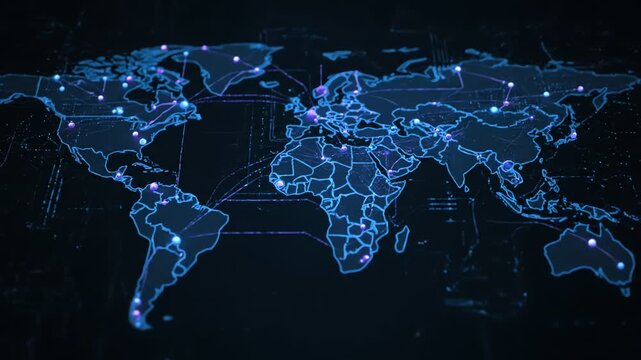 A world map illuminated with blue outlines, displaying connections with pink spheres