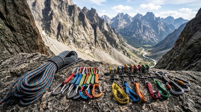 Climbing equipment gear laid on mountain rock edge. Rope, carabiner and camming device for rock climbing safety. Alpine adventure, mountaineering sport and extreme activity concept.