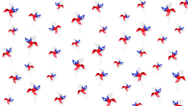 Staggered seamless pattern of patriotic red, white, and blue paper pinwheels with lone star design over white background, panoramic horizontal 16:9 format